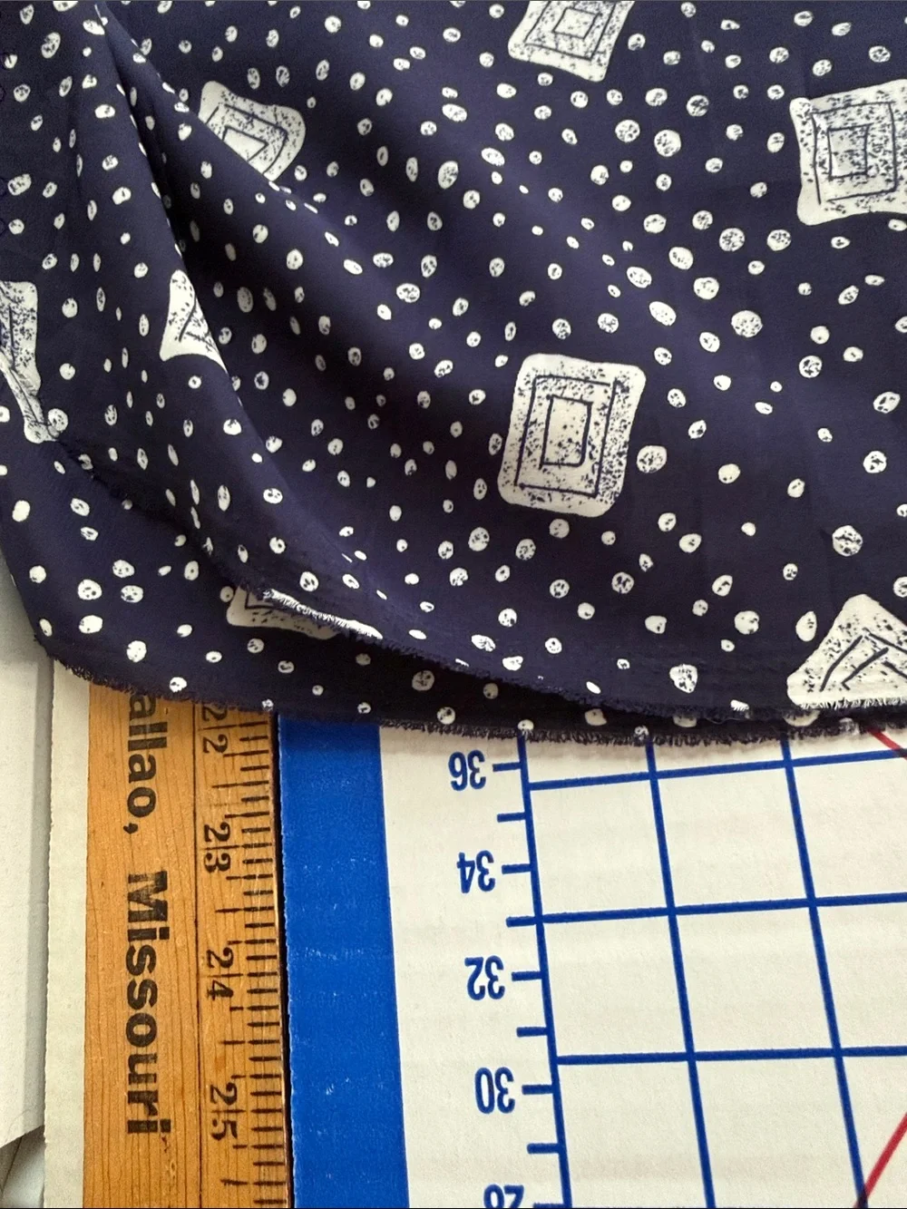 Vintage 1970s 80s Dark Navy Cream Abstract Dot Geometric Fabric 2.5 Yards x 44”